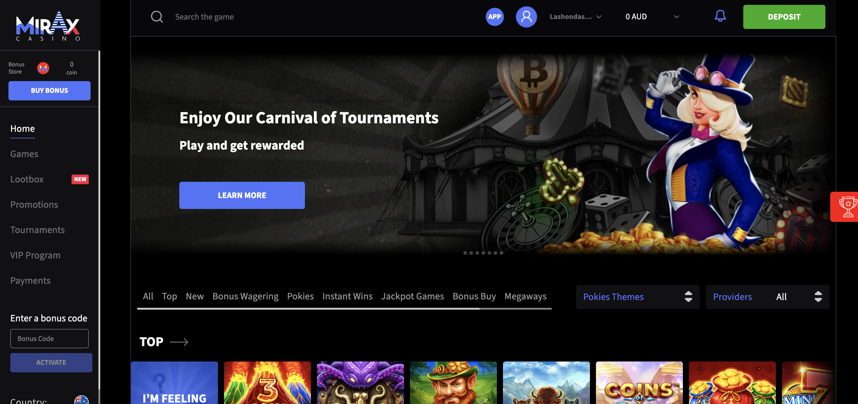 Mirax Casino interface